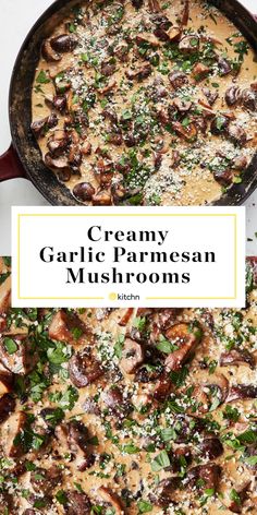 creamy garlic parmesan mushrooms in a skillet with text overlay that reads creamy garlic parmesan mushrooms