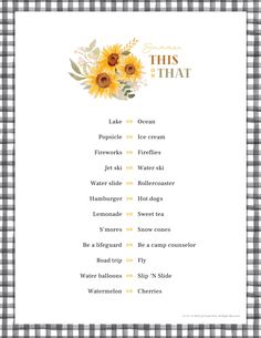 a menu with sunflowers on it and the words, this is what you eat