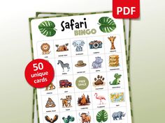 a poster with different animals on it and the words safari in red, white, and green