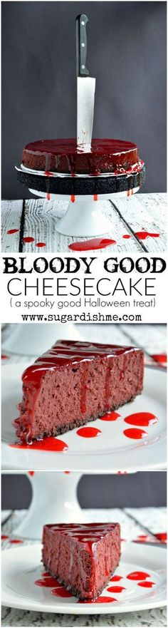 This Bloody Good Cheesecake Recipe is the spookiest Halloween treat that is sure to be the scary centerpiece of your party! Raspberry Reduction, Pelottava Halloween, Party Food Halloween, Spooky Halloween Treats, Fun Cheesecake Recipes, Halloween Baking, Brownie Desserts