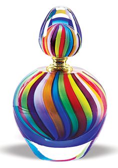 a multicolored glass bottle on a white background