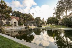 a pond in the middle of a park with palm trees and buildings behind it on a sunny day