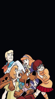 the scooby gang is standing in front of a black background