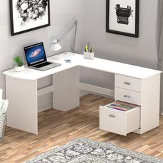 a white desk with two drawers and a laptop on it