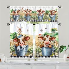 the curtains are decorated with farm animals in buckets and on them is a window curtain