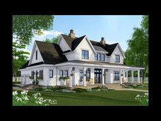 this is an artist's rendering of a house in the country style with white trim and black shingles