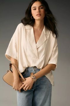 The Dylon Short-Sleeve Wide-Placket Top | Anthropologie Business Casual Outfits, Capsule Wardrobe, Folky Style, Linen Blend Shirt, 2024 Fashion, Mom Outfits, Work Casual, Style Board, Pullover Styling