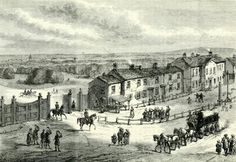 an old black and white drawing of people on horses in front of buildings with carriages