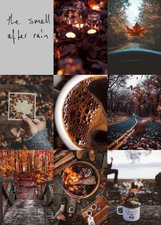 a collage of photos with autumn leaves and other things in them, including coffee mugs