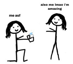 two stick figures with one holding a glass and the other pointing at something in it