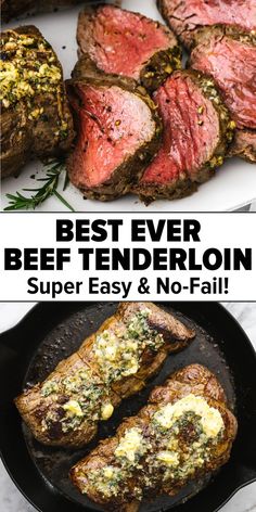 Beef tenderloin sliced on a plate and cooked in a skillet. Beef Tenderloin Roast Recipes, Beef Tenderloin Recipes, Beef Tenderloin Roast, Tenderloin Roast, Roast Beef Recipes, Recipes Beef, Tenderloin Recipes, Beef Tenderloin, Beef Recipes Easy