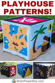 an outdoor play house made out of cardboard boxes with pirate symbols and palm trees on it