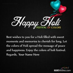 happy holi day wishes for friends and family with colorful balloons on the black background