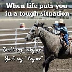 a man riding on the back of a horse next to a white fence with words written below it