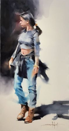 a painting of a woman in jeans and boots