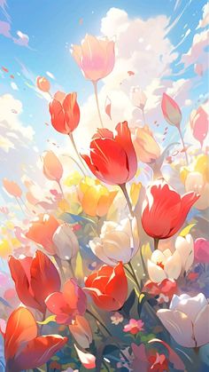 a painting of red and white flowers with blue sky in the backgrounnd