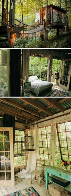 the inside and outside of a small cabin in the woods