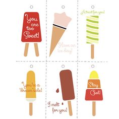 four different popsicles with the words you're too sweet on them, and one is