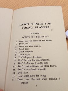 an open book with the words lawn tenniss for young players written in cursive writing