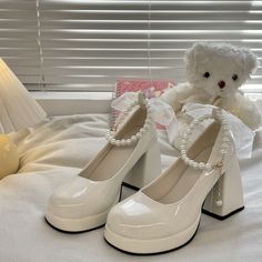 👠 Shoes 💜 sugarplum · y2k, coquette, egl, cosplay fashion and home decor store 💜 Powered by Storenvy Black And White High Heels, White High Heel Shoes, Y2k Coquette, Dr Shoes, Cute Shoes Heels, White High Heels, Kawaii Shoes, Fancy Shoes, Cute Heels