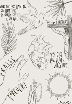 a drawing of hands holding a cross and palm trees with words written on it that read,