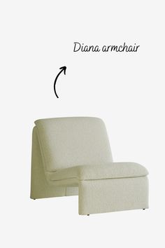 a white chair with an arrow pointing to the back of it and text above it that reads, dana armchair