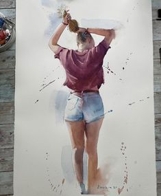 a watercolor painting of a woman in pink shirt and blue shorts holding a flower