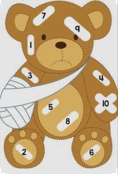 a teddy bear with bandages and numbers on it