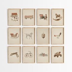 nine framed pictures with different types of animals and vehicles on them, all in various shapes and sizes