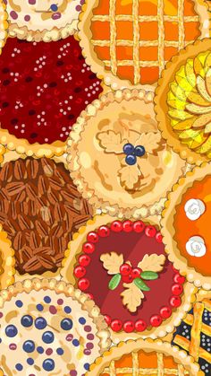 a bunch of different types of pies on a plate with berries and pecans