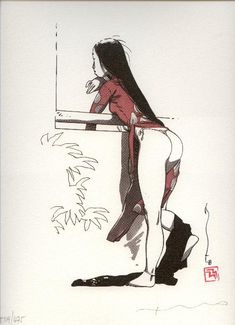 a drawing of a woman leaning on a window sill