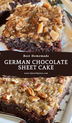 german chocolate sheet cake with pecans and caramel toppings on a white plate