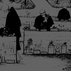 an old black and white drawing of two people standing in front of a table with plants on it