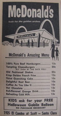 the menu for mcdonald's is shown in black and white