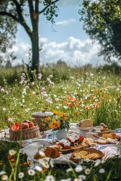 a picnic in the middle of a field with food on it and flowers all around