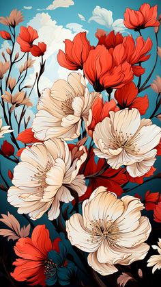 an artistic painting of red and white flowers on a blue sky with clouds in the background