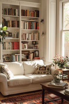 a living room filled with white furniture and lots of bookshelves full of books