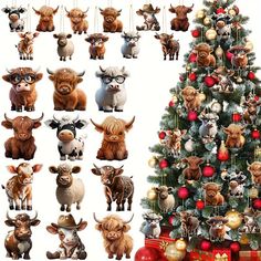 a christmas tree with many different types of animals on it's branches and decorations