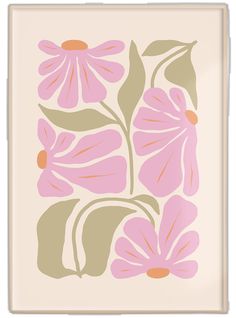 a pink and beige flower print on a white background with green leaves in the center