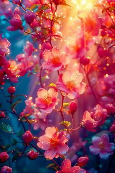 pink flowers with water droplets on them in the sunbeams and sunlight shining down