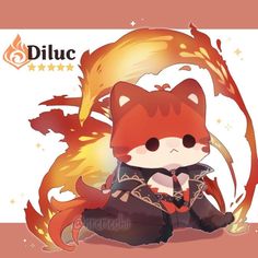 a cute little fox sitting on top of a floor next to an orange and yellow fire