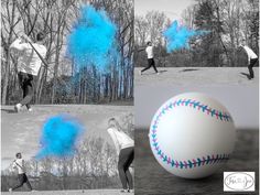 two pictures with blue powder on them and one has a baseball in the foreground