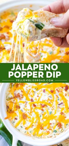 a hand holding a tortilla chip over a bowl of jalapeno popper dip