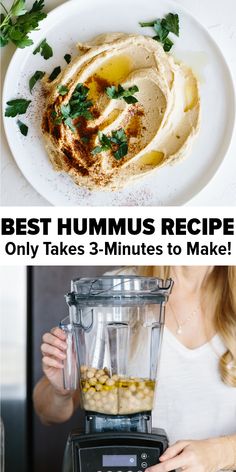 a woman holding a blender with hummus in it and the words homemade hummus in 3 minutes