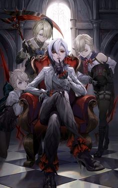 an anime character sitting in a chair with other characters around her, all dressed up