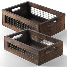 two wooden baskets with wire in them