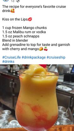 a drink in a glass on top of a table with the caption's description below it