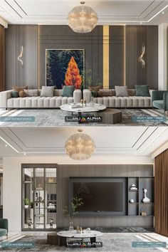 two pictures of the same living room in different stages of being remodeled and updated with modern furniture