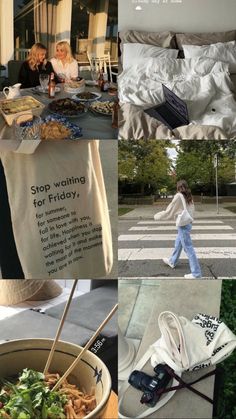 a collage of photos with food and people walking around it in the background is an advertisement for friday's dinner