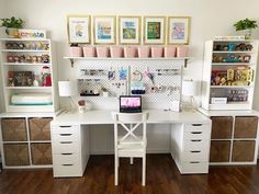 a white desk topped with lots of drawers and shelves filled with toys on top of it